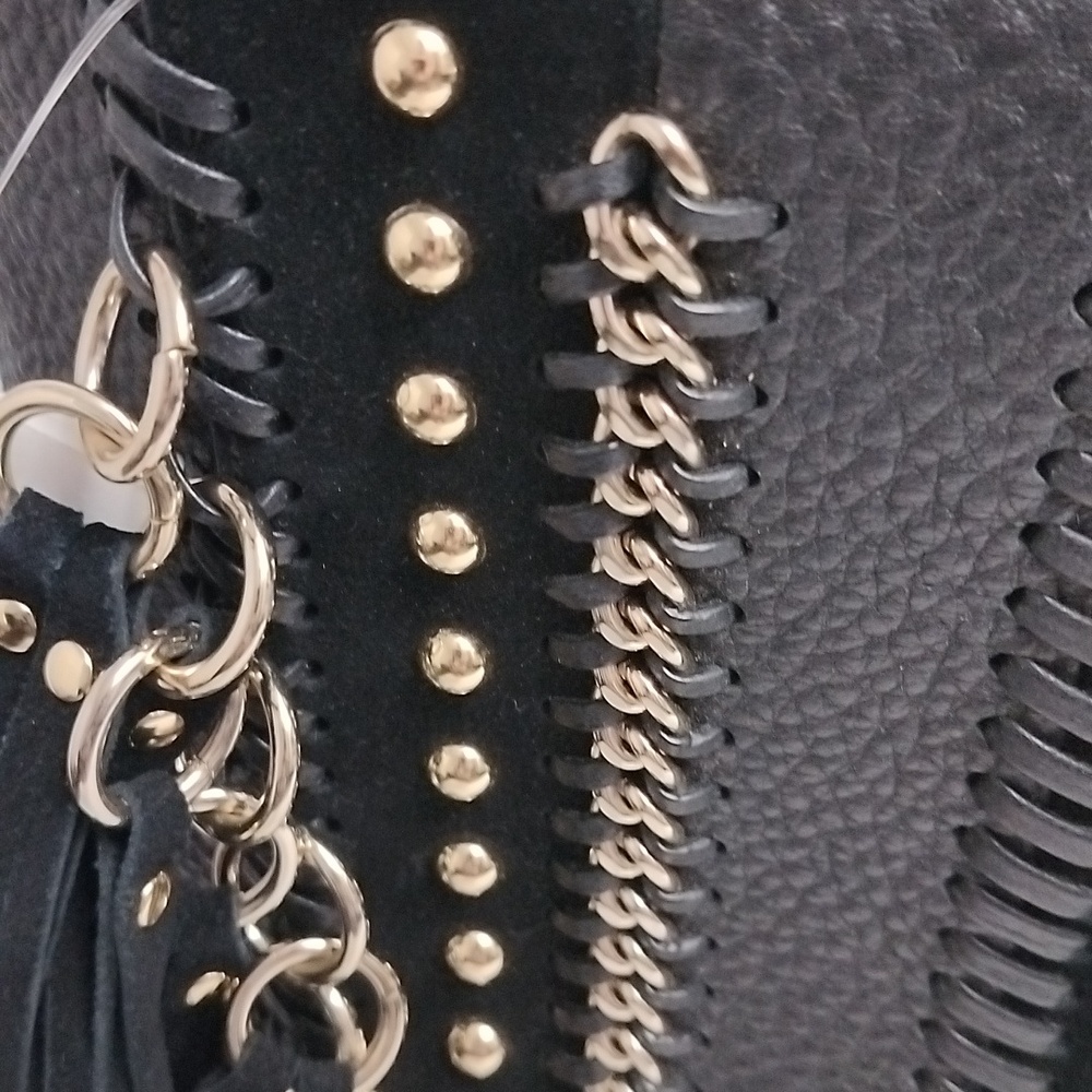 Calvin Klein L-Lynn Leather Fringe Chainlink Whipstitch Women's Hobo Handbag NWT - Picture 3 of 16